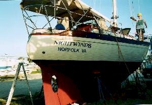 This is a picture of Nightwinds, a Baba 30 on the hard. The Babas
have a full keel and a well-protected propeller as can be seen in this picture.
Later model Baba 30s…